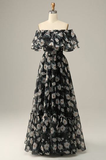 Detachable Strapless Black Flower Off The Shoulder Ball Dress